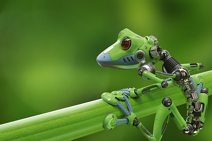 green robot-like object on a green surface