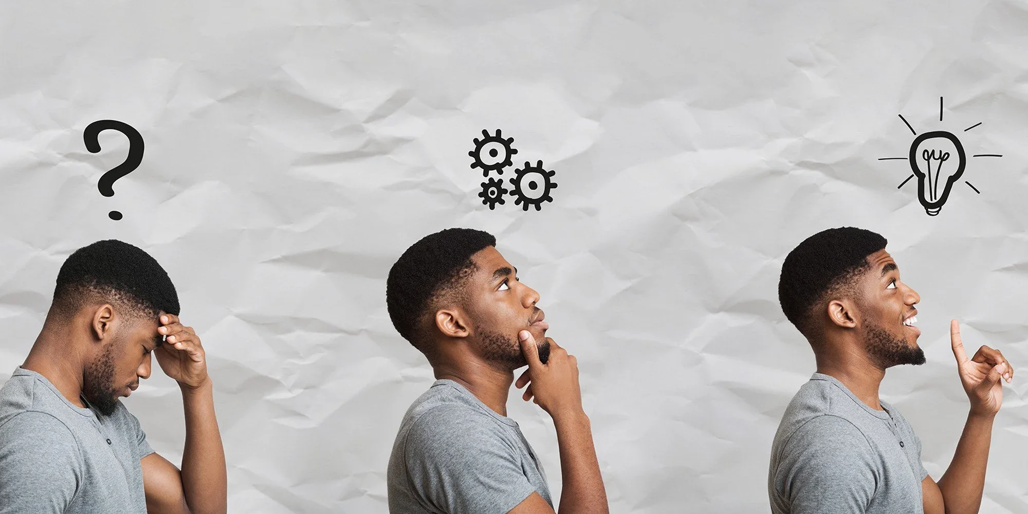 Photo of man thinking in three different poses