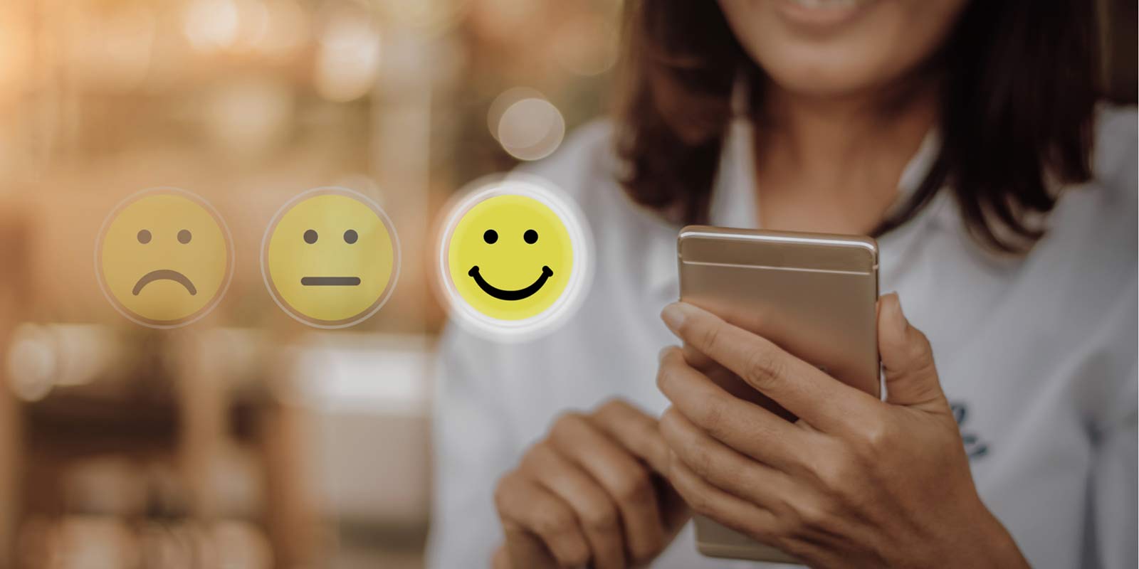 Customer Satisfaction rating and a woman using a smartphone