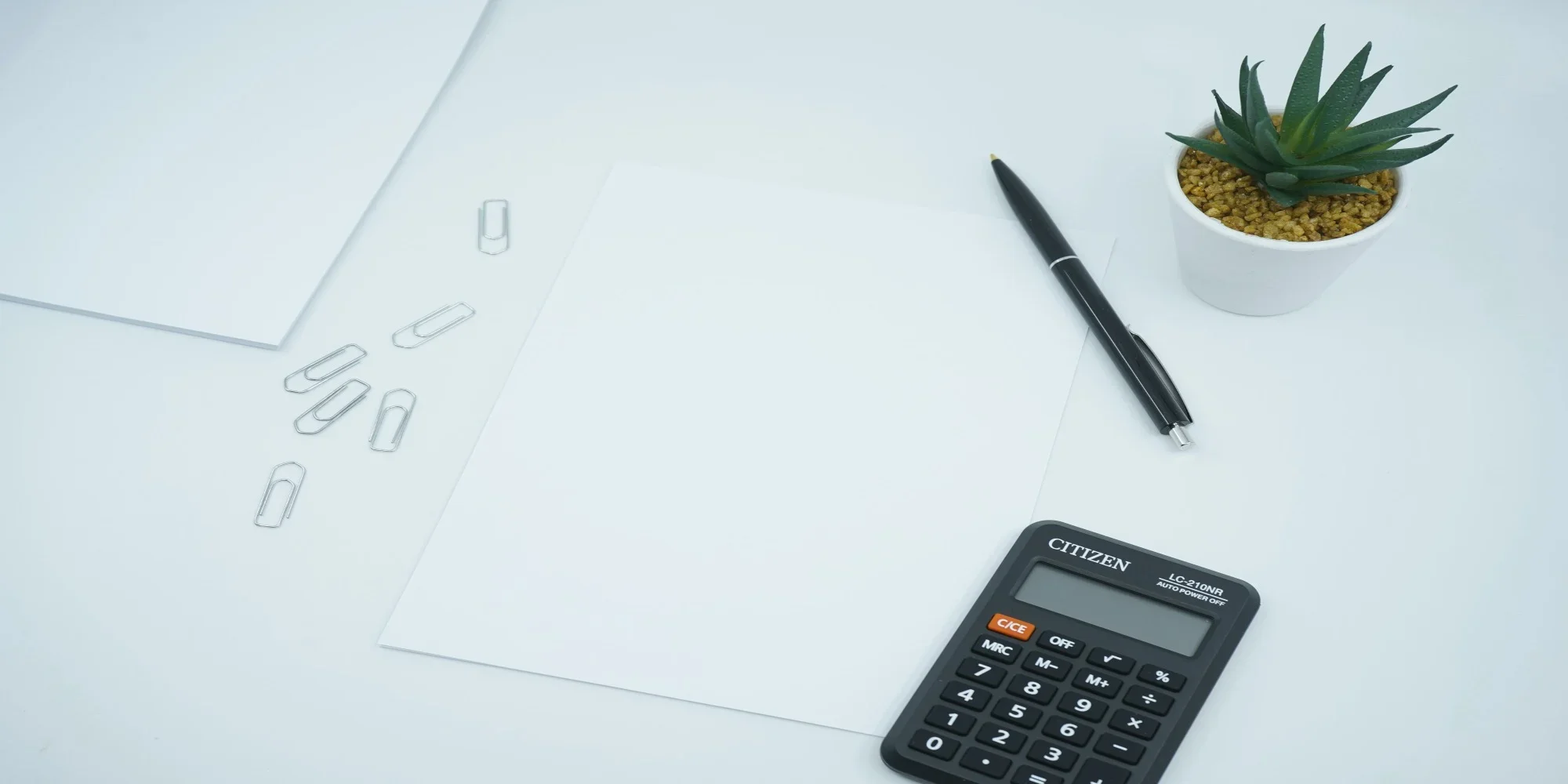 Calculator, paper, paperclips, pen, and succulent spread out on a desk