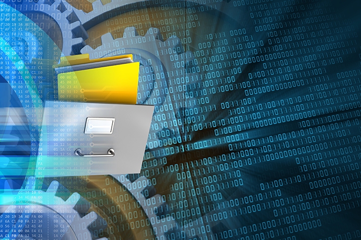 3d illustration of archive over binary background with gears