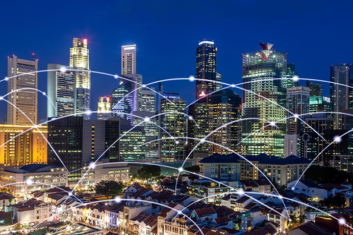 Singapore downtown financial center skyline with high speed networking connection showing business high-tech concept