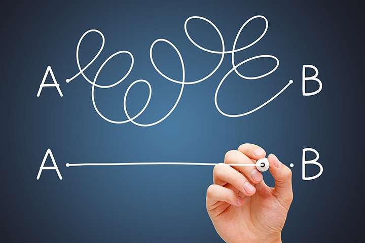 Hand drawing a conceptual diagram about the importance to find the shortest way to go from point A to point B, or a simple solution to a problem.