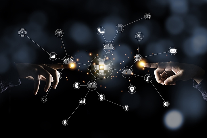 Two hand pointing to virtual artificial intelligence with cloud technology transformation 