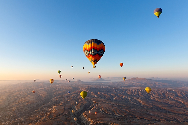 Hot air balloon flight over the mountains of Cappadocia Turkey