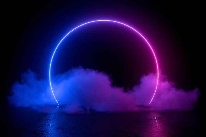 3d abstract background with neon lights, empty frame, cosmic landscape glowing lines