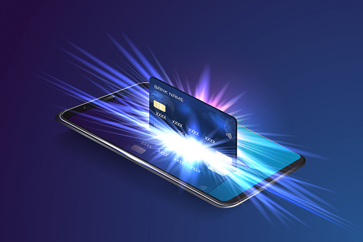 Virtual credit card emerging from smartphone - 3D rendering