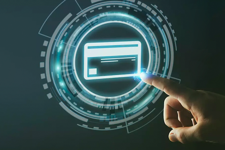 Finger pointing at digital rendering of virtual credit card