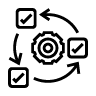 Gear surrounded by arrows and check mark boxes