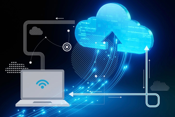laptop with arrows flowing to digital blue cloud