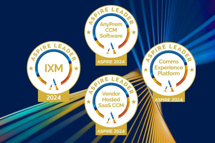 Four Aspire 2024 Market Leader Badges against blue background with multi-colored light beams