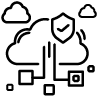 Illustrative icon showing a cloud connected to diverse data sources and a security shield Illustrative icon showing a cloud connected to diverse data sources and a security shield