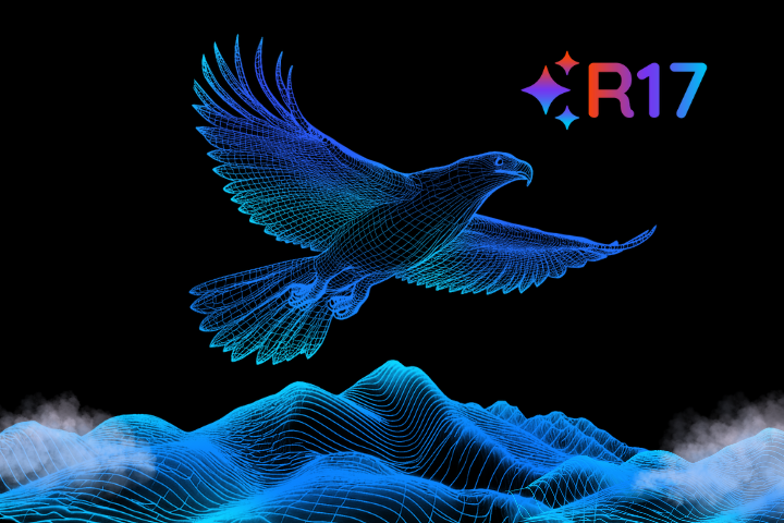 Blue eagle soaring above mountain peaks with R17 AI sparkle logo overhead