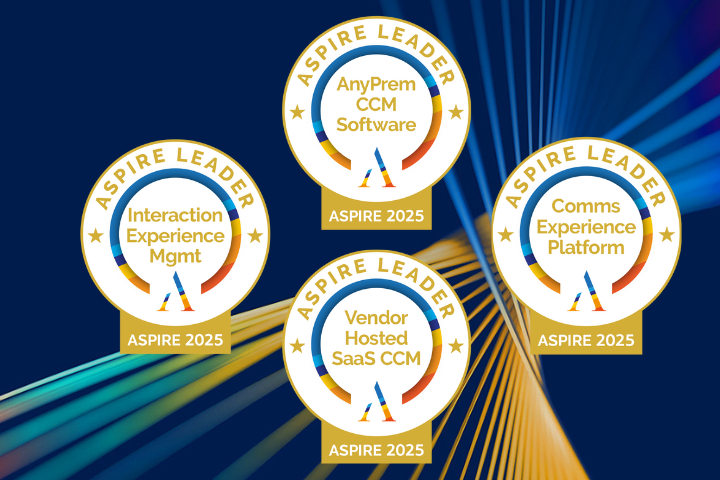 Four Aspire 2025 Market Leader Badges against blue background with multi-colored light beams