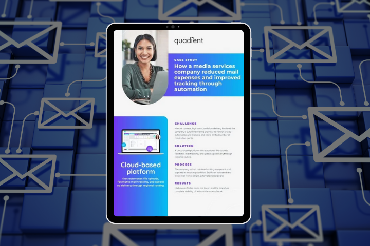 Tablet displaying a Quadient case study about reducing mail costs and improving tracking with a cloud-based platform, set against a digital mail-themed background.