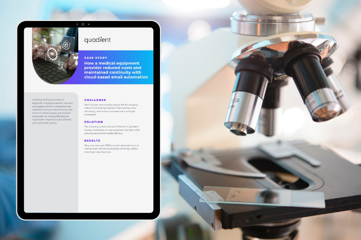 A tablet displaying a Quadient case study about cloud-based email automation is shown next to a close-up of a microscope in a brightly lit lab setting.