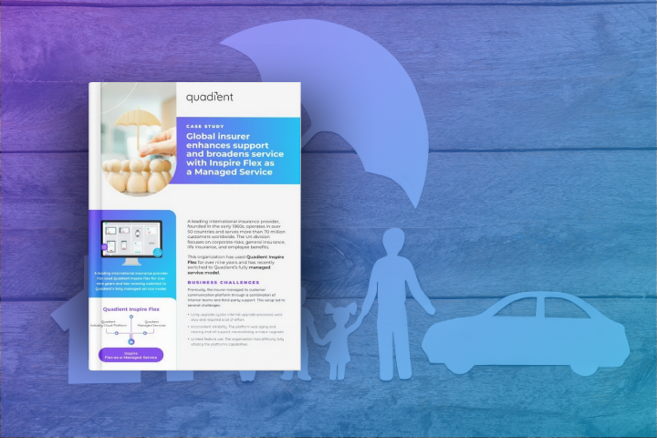 Mockup of a Quadient case study titled “Global insurer enhances support and broadens service with Inspire Flex as a Managed Service,” placed against a blue and purple gradient background featuring paper-cut silhouettes of a family, car, and umbrella—symbolizing insurance and protection.