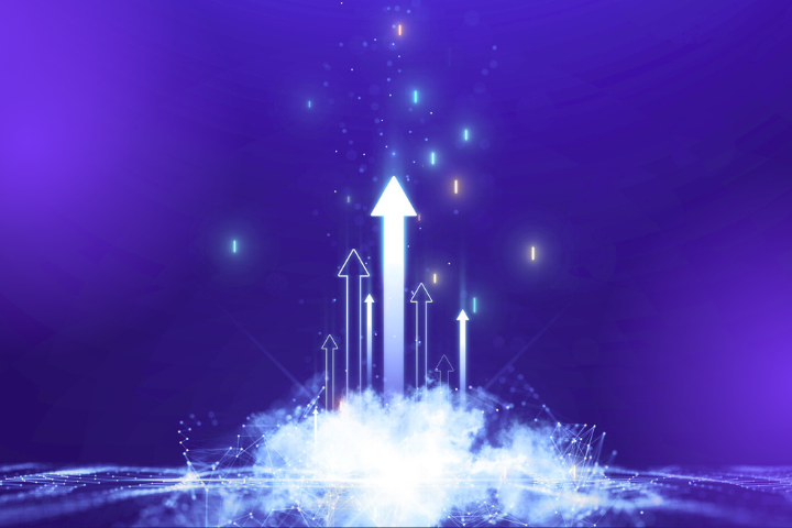 Six digital arrows bursting upward from platform on purple background, representing the six ways AI-driven CCM improves content quality and compliance