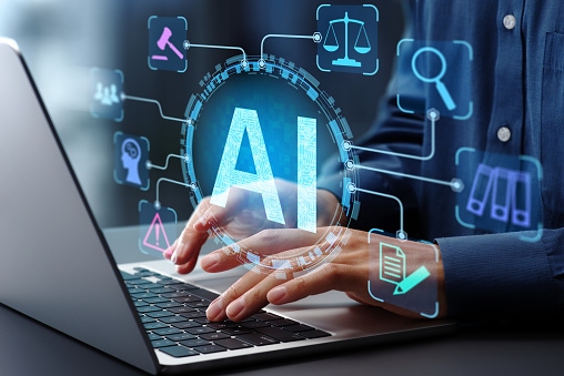 The letters AI appear over hands on a keyboard