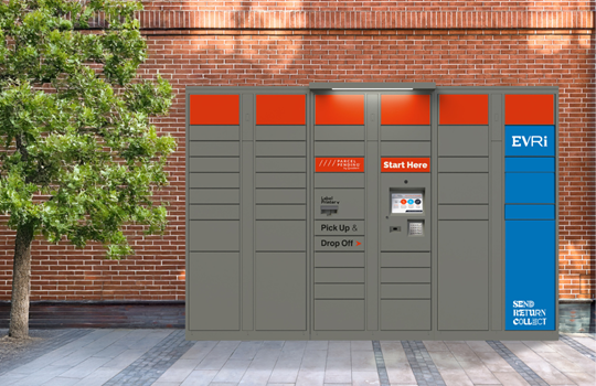 a quadient parcel locker with evri branding in it