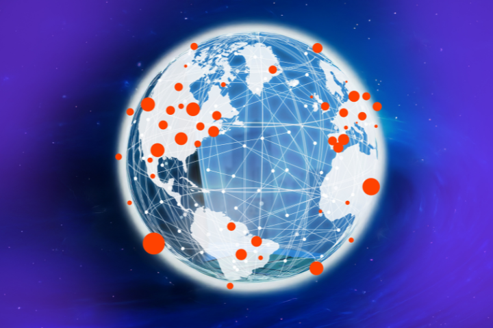 Globe on purple background with Quadient colored dots expanding across, representing global CCM market share growth