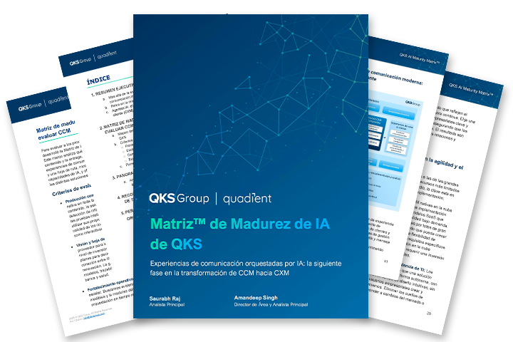 Miniatura del informe “QKS AI Maturity Matrix for CCM 2025”, que muestra las páginas en abanico sobre un fondo multicolor.