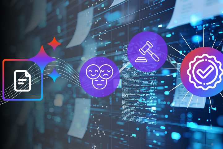 AI sparkle connected to a flowing ribbon featuring a compliance, customer sentiment, and approval icon to convey the concept of AI-assisted authoring in modern CCM