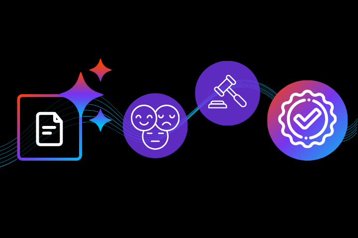 AI sparkle connected to a flowing ribbon featuring a compliance, customer sentiment, and approval icon to convey the concept of AI-assisted authoring in modern CCM