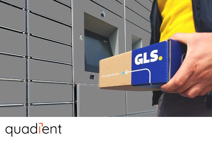 man holding a GLS parcel in front of a quadient automated locker