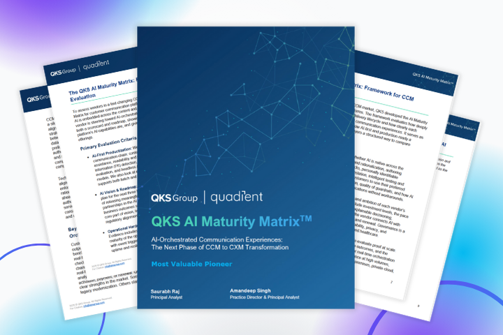 Thumbnail of the QKS AI Maturity Matrix for CCM 2025 report, showing the fanned pages of the report against a multi-colored background