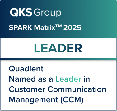 QKS Group SPARK Matrix 2025 badge showing Quadient as a Leader in Customer Communication Management