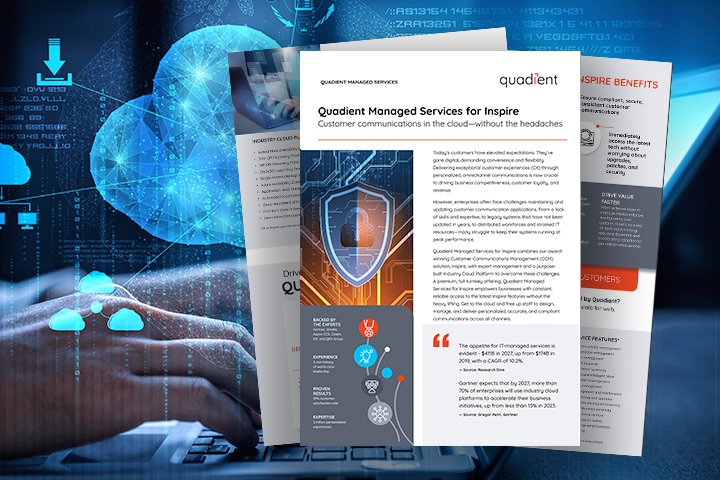 A digital security-themed graphic showing a person typing on a laptop, with a glowing network brain and cloud icons in the background, overlaid with a Quadient brochure titled “Quadient Managed Services for Inspire.