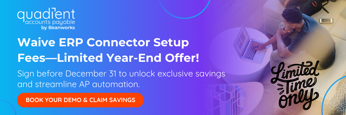 Quadient Accounts Payable banner promoting waived ERP connector setup fees with a limited year-end offer and a call-to-action button.