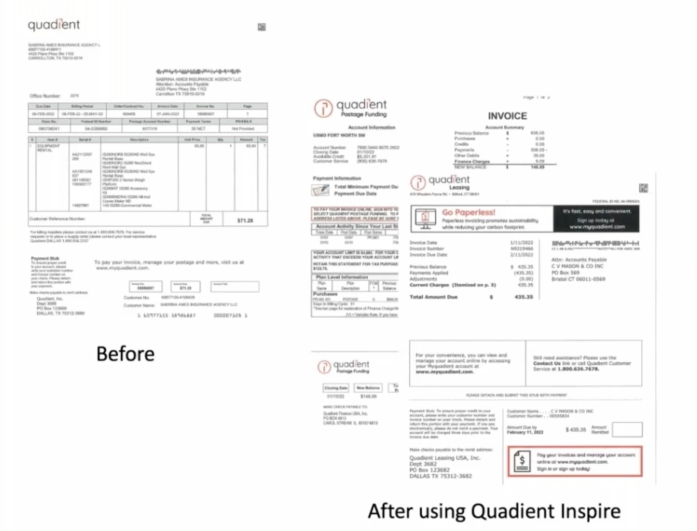 Quadient invoice before and after