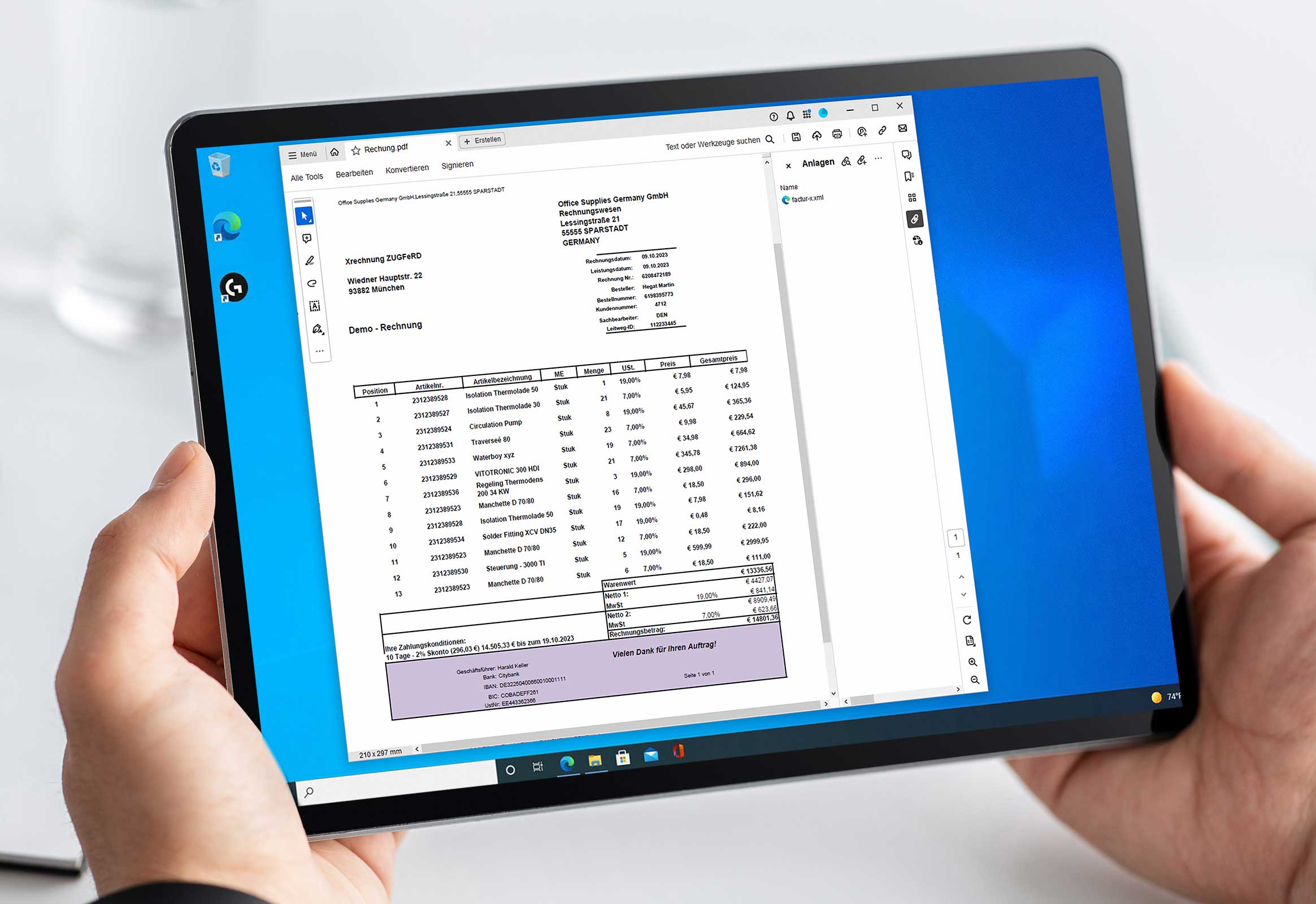 PDF-Datei mit integrierter XML-Datei der ZUGFeRD-Rechnung