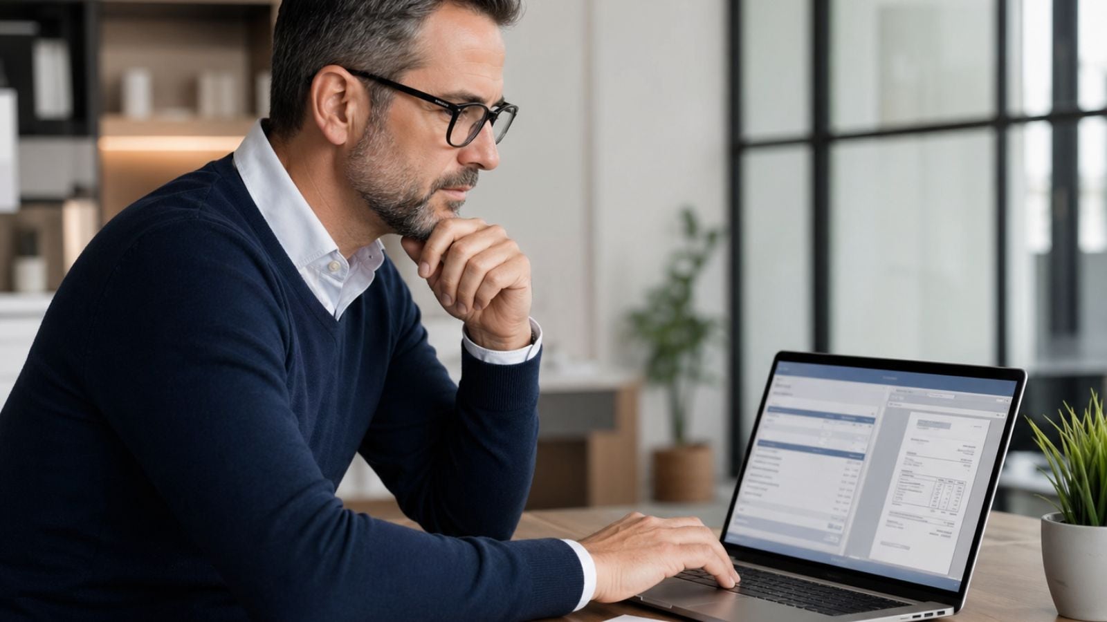 DAF vérifiant une facture électronique sur ordinateur dans un bureau